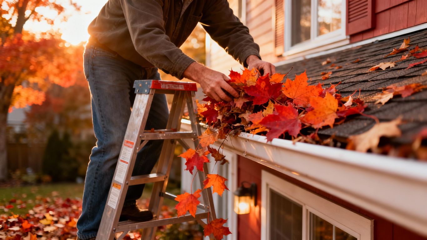 Homeowner cleaning fall leaves from rain gutters.