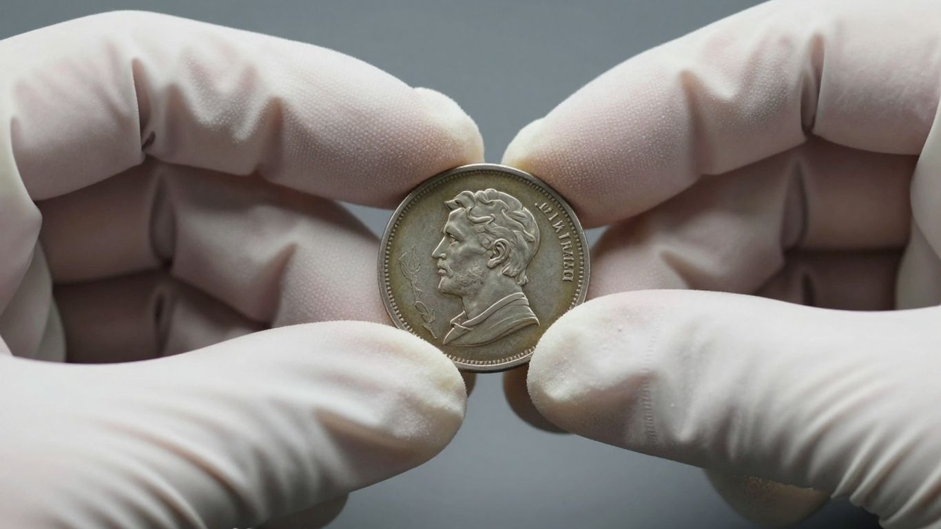 Gloved hands holding a vintage coin.