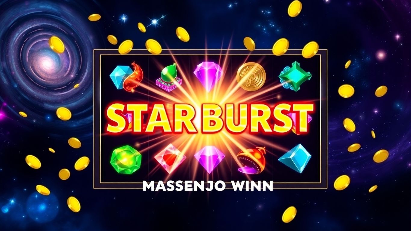 Starburst slot machine with colorful gems and cascading coins.