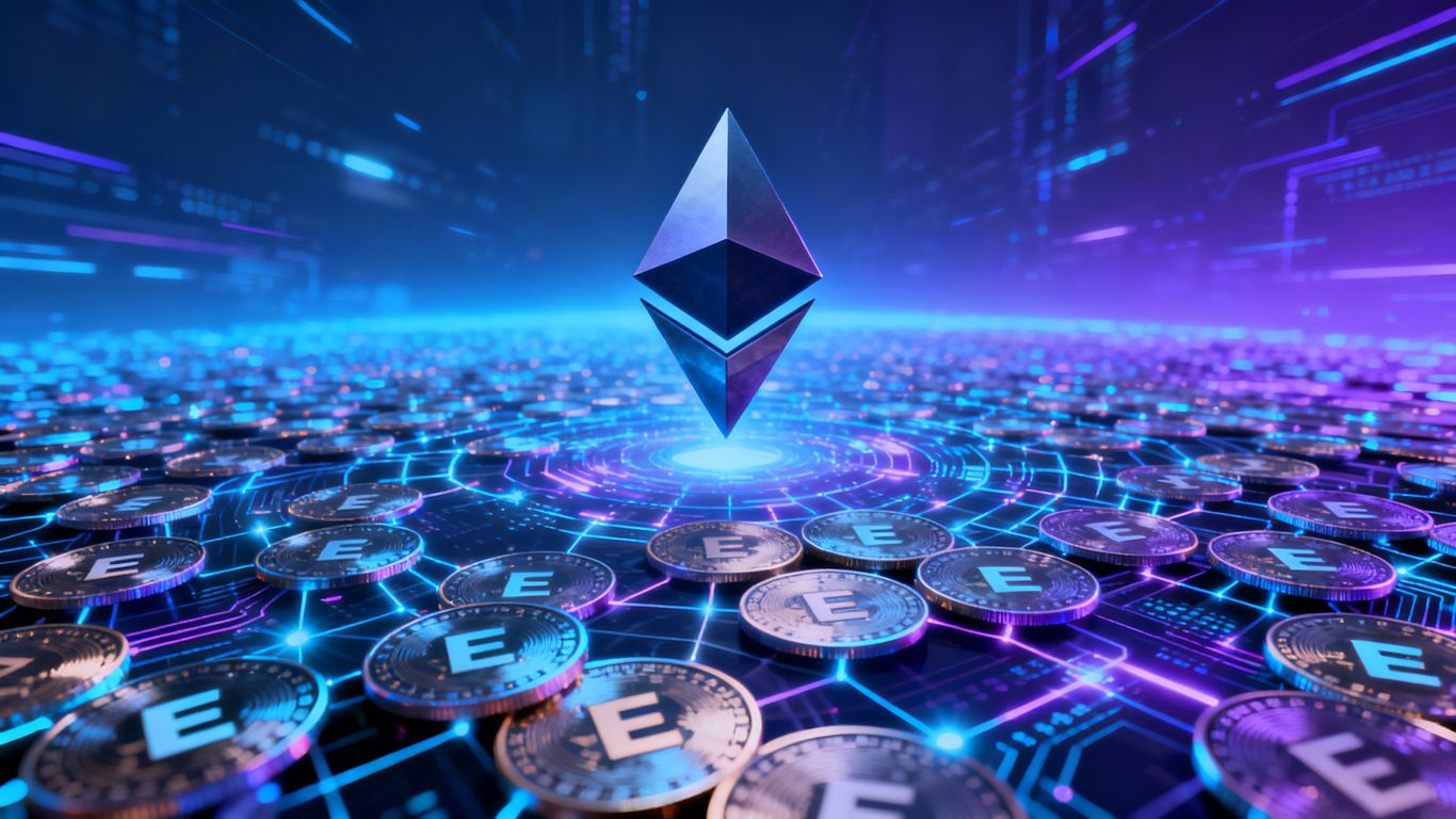 Ethereum logo above a sea of digital tokens.