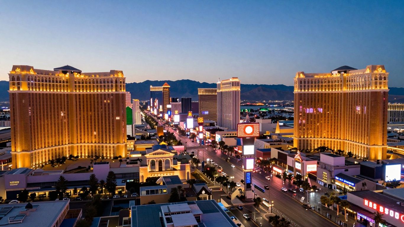 Las Vegas skyline at dusk with bright lights