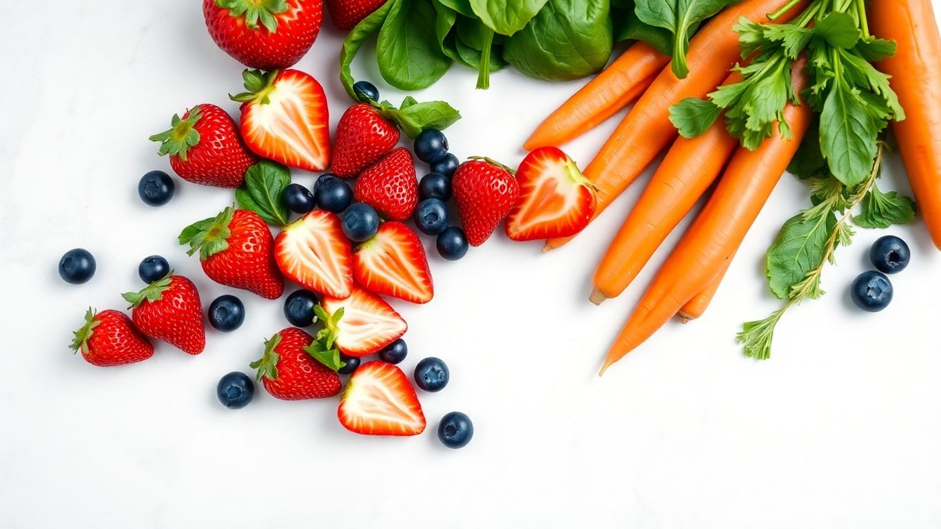 Heart-shaped arrangement of fresh fruits and vegetables.