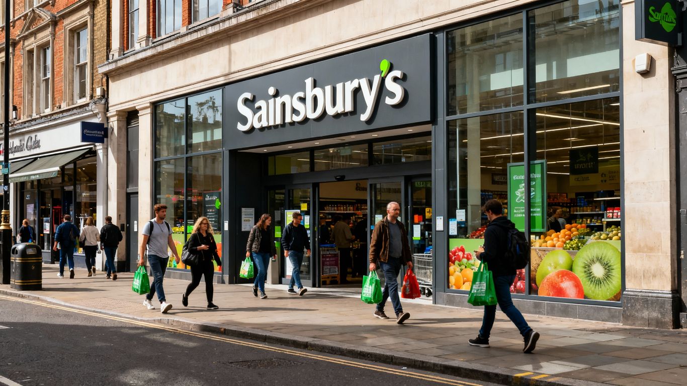 Exterior view of Camden Sainsbury's supermarket with shoppers.