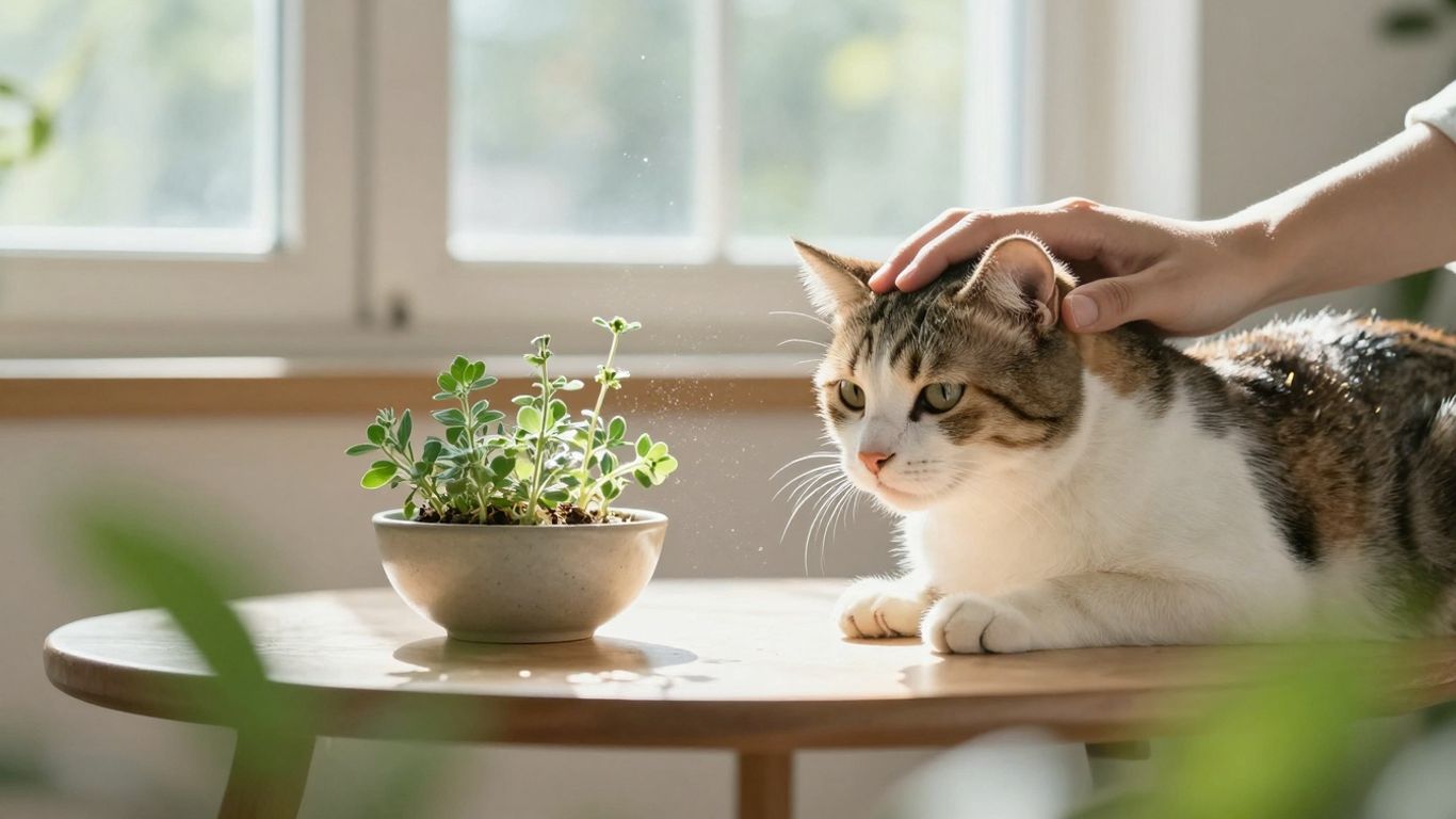 Person petting cat at home with natural remedies.