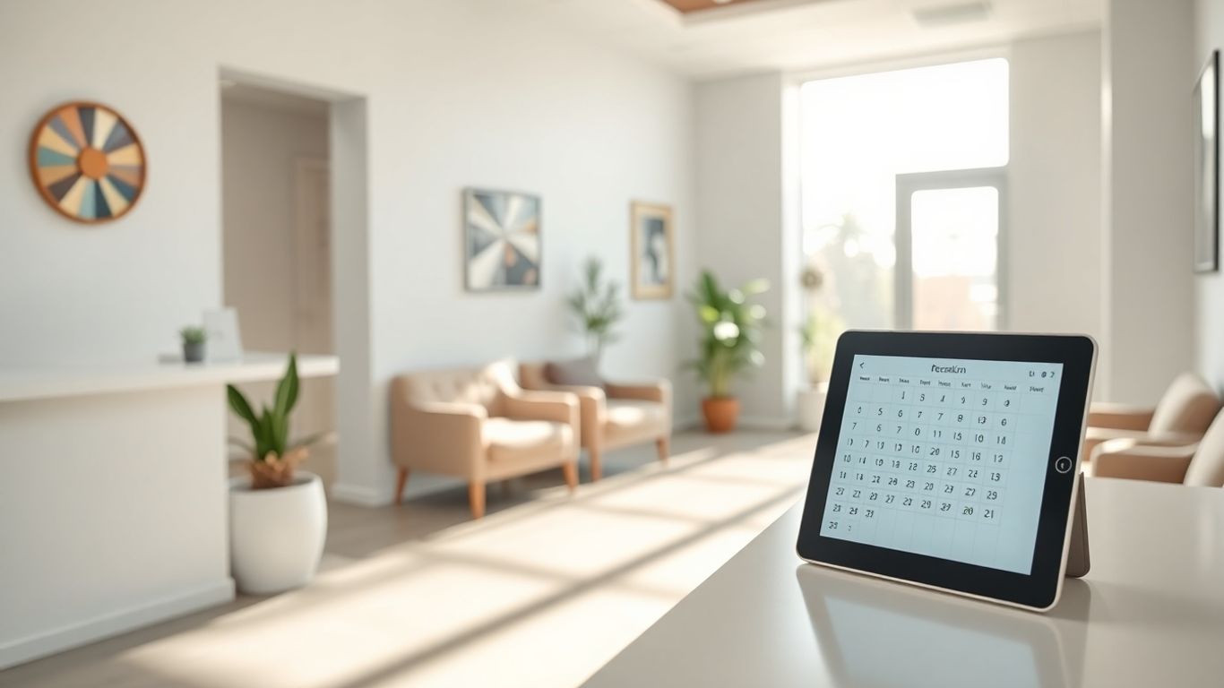 Clinic reception with digital scheduling tablet.