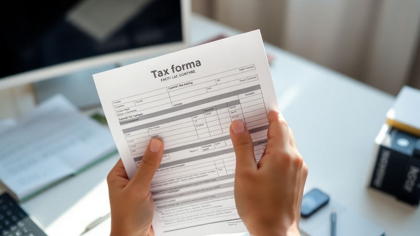 Mãos segurando formulário de IRS em Portugal.