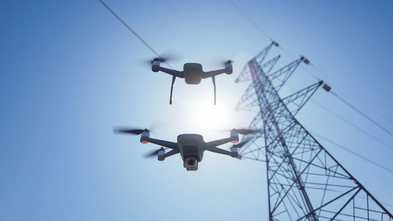 Drone inspecting high voltage power lines