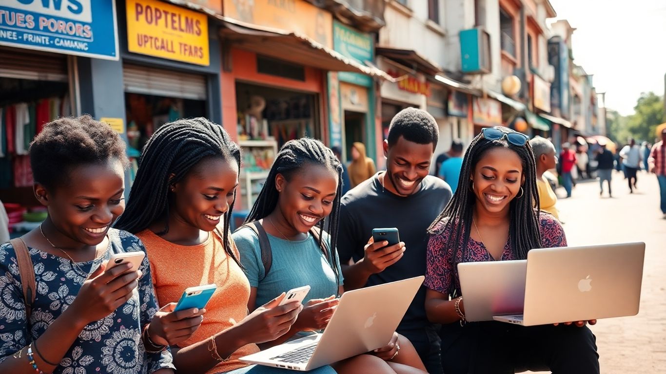 People in Cameroon using devices on the street