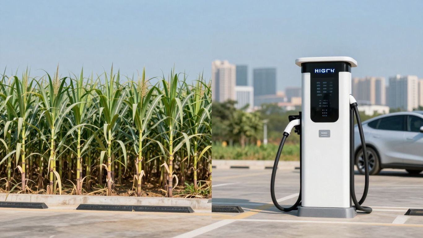 Ethanol sugarcane field versus electric car charging station.