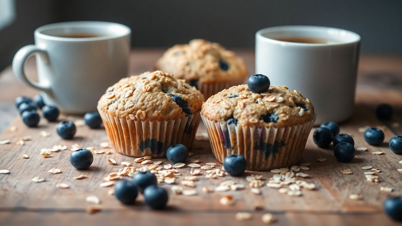 Blueberry oat muffins on wooden table with coffee
