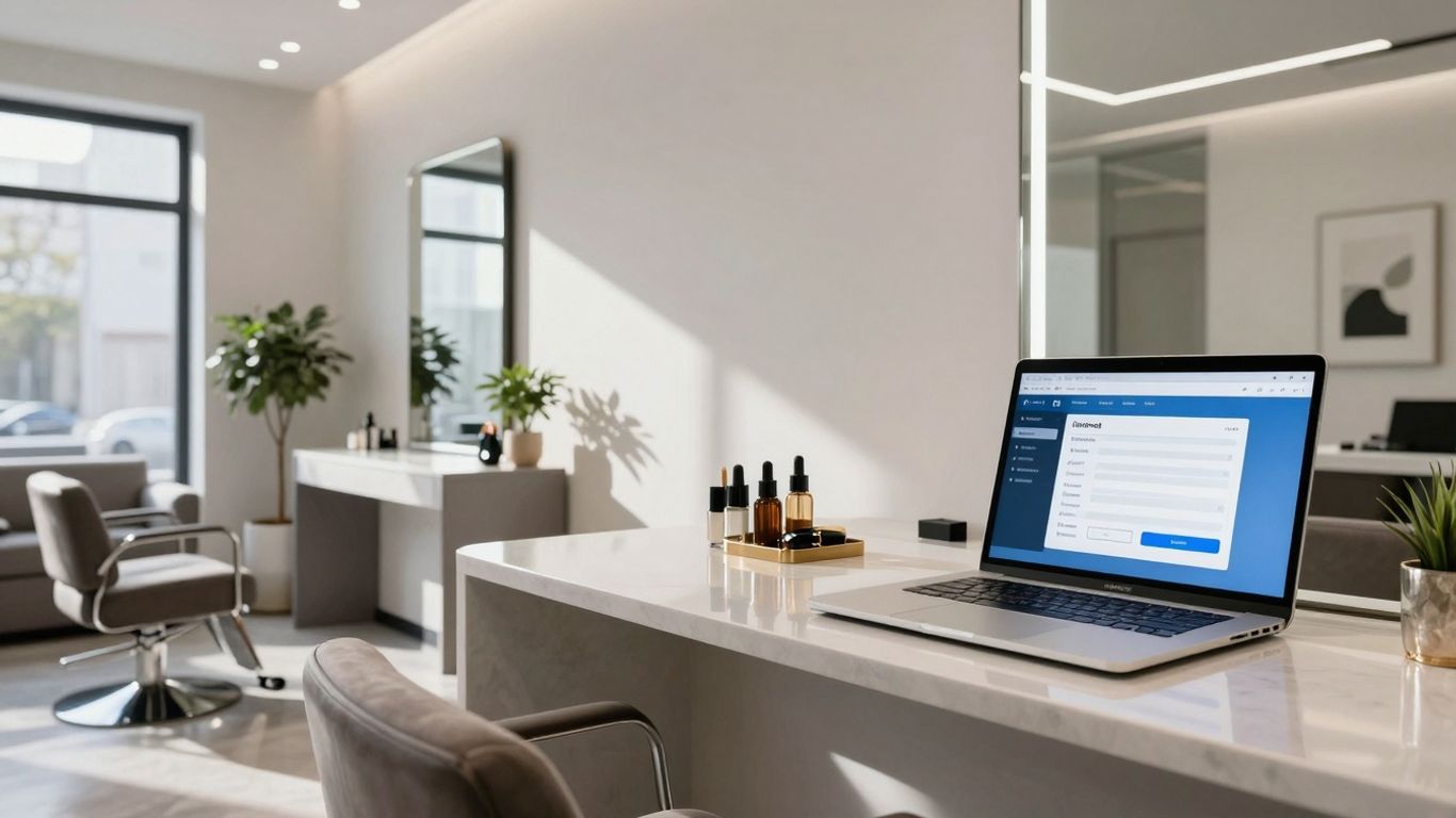Modern beauty salon interior with booking system on laptop.