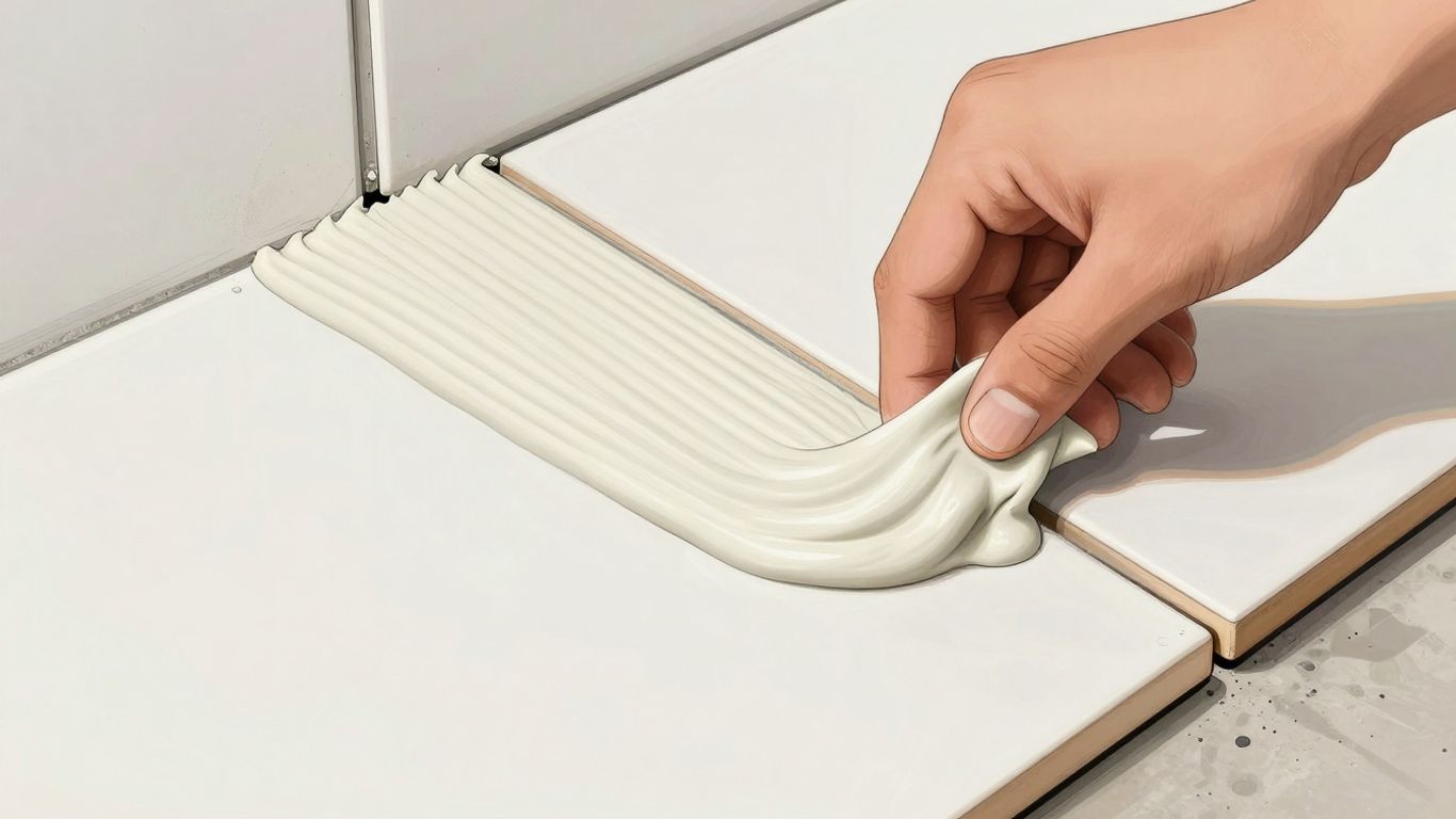 Applying white thinset mortar for tile installation.