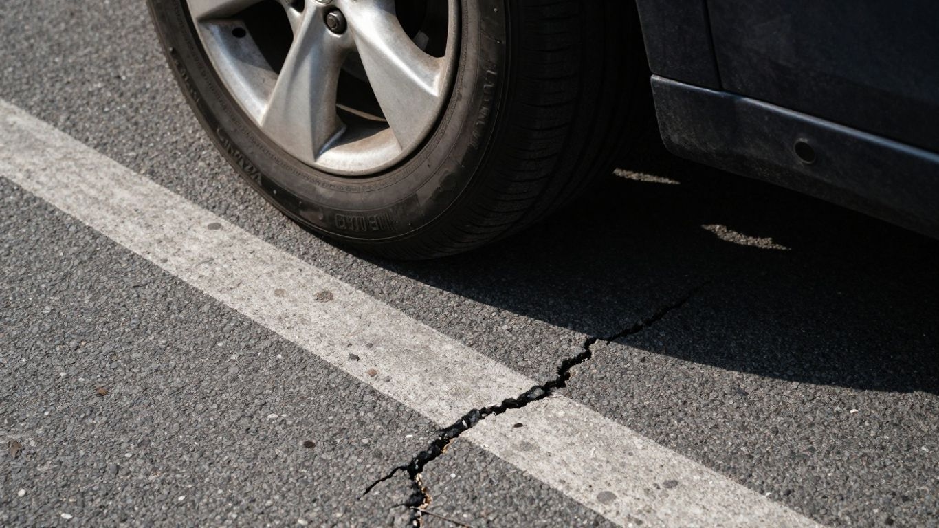Car suspension damaged by rough Austin roads.