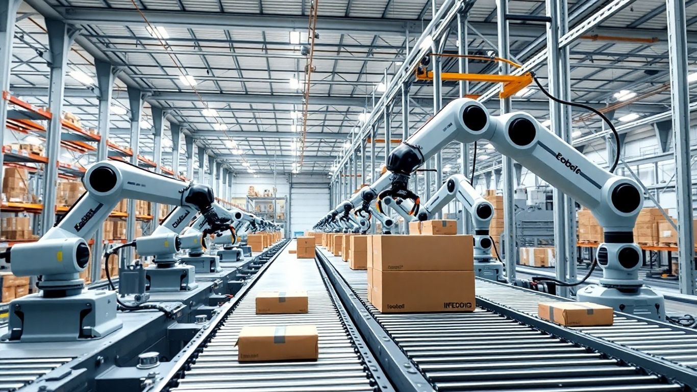 Automated warehouse with robotic arms and conveyor belts.