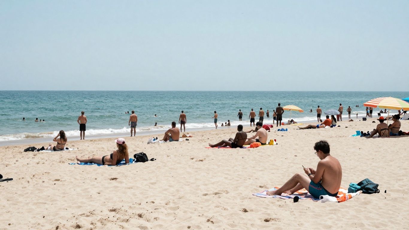 Druk strand met veel mensen op een zonnige dag.