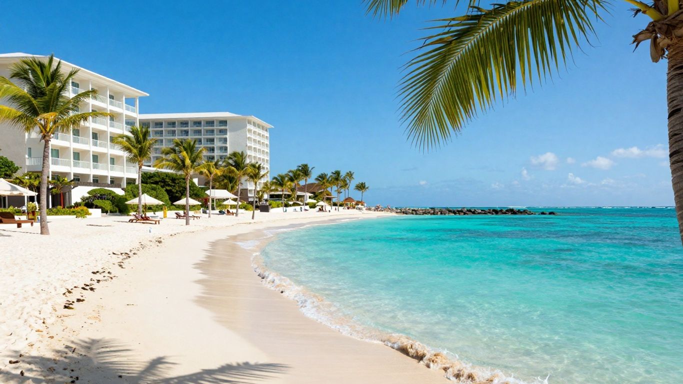 Luxe hotel aan een tropisch strand met palmbomen en helder water.