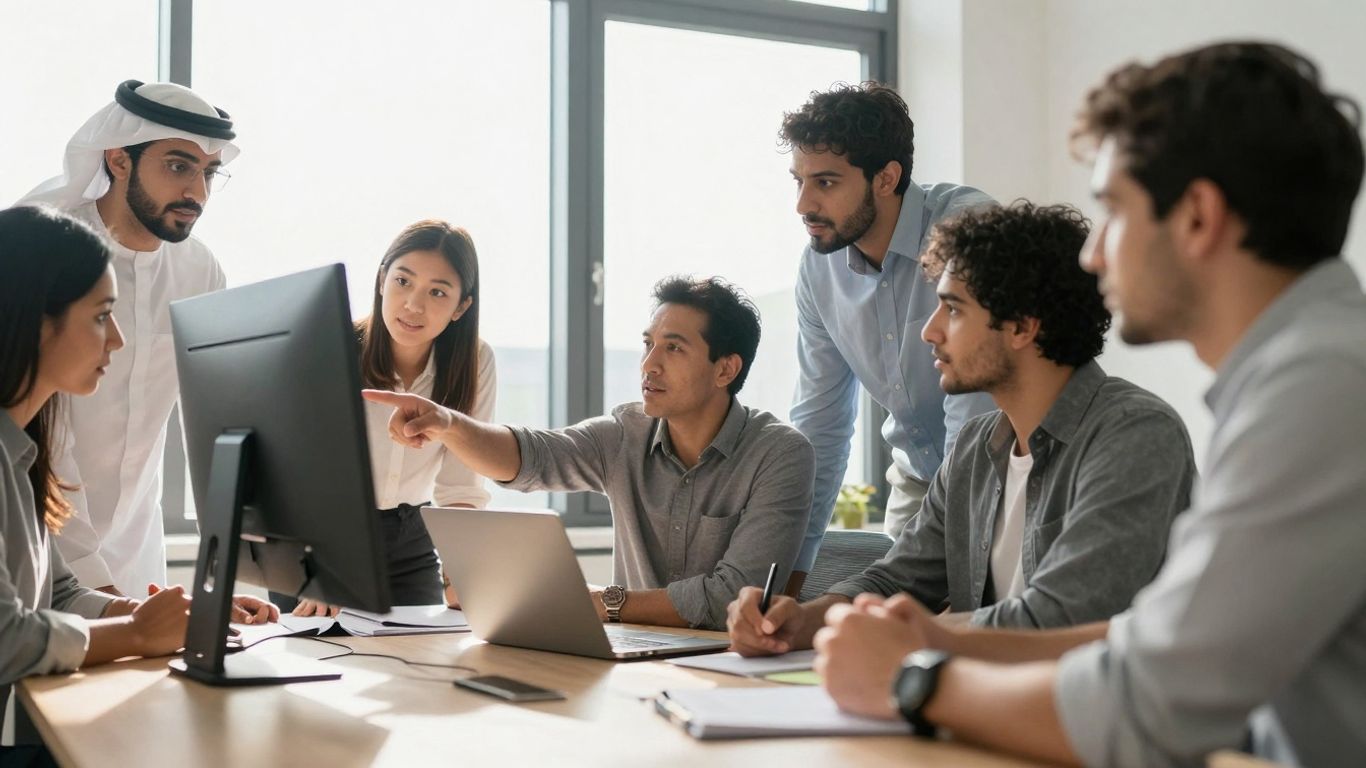 Business team collaborating around a table in a modern office.
