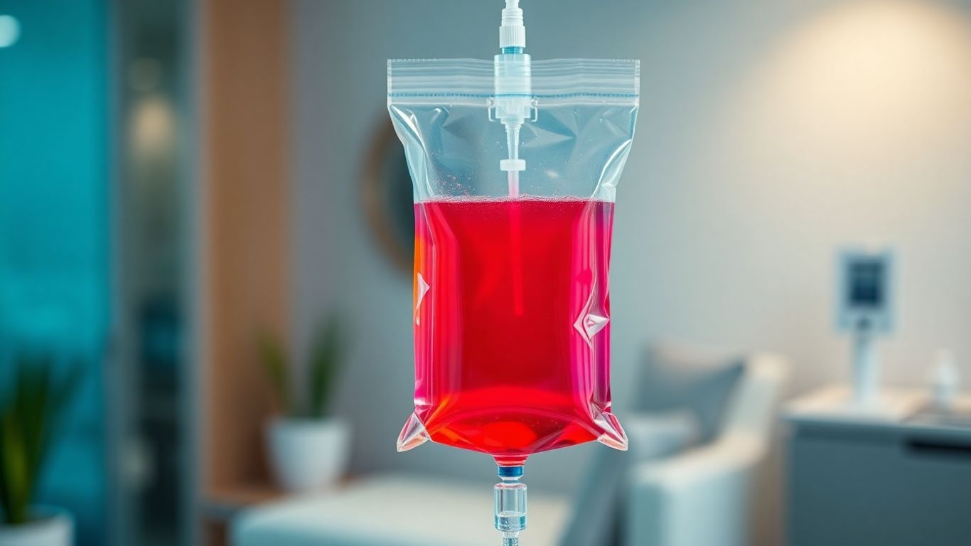 IV drip bag with colorful fluid for athletic recovery.