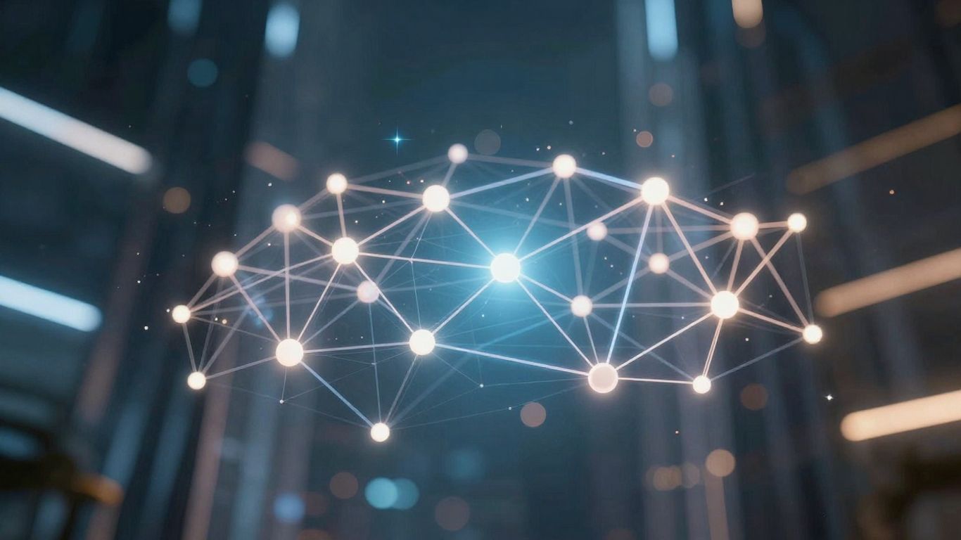 Blockchain network with glowing nodes and futuristic background.