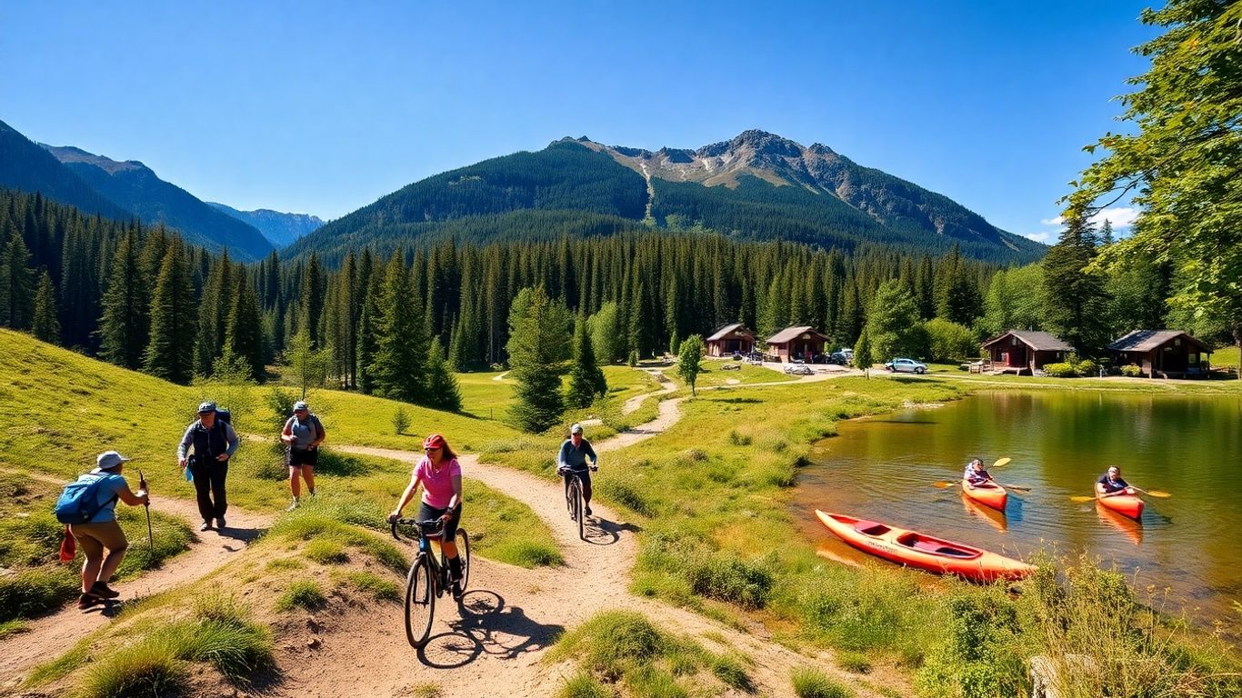 Oameni explorând natura cu mijloace ecologice, peisaj verde.