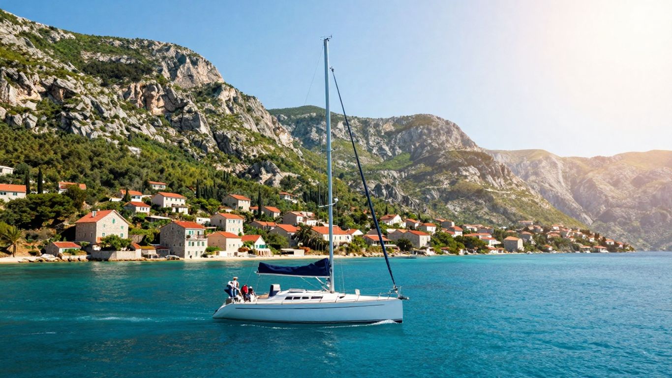 Sailboat on clear turquoise water near Croatian islands.