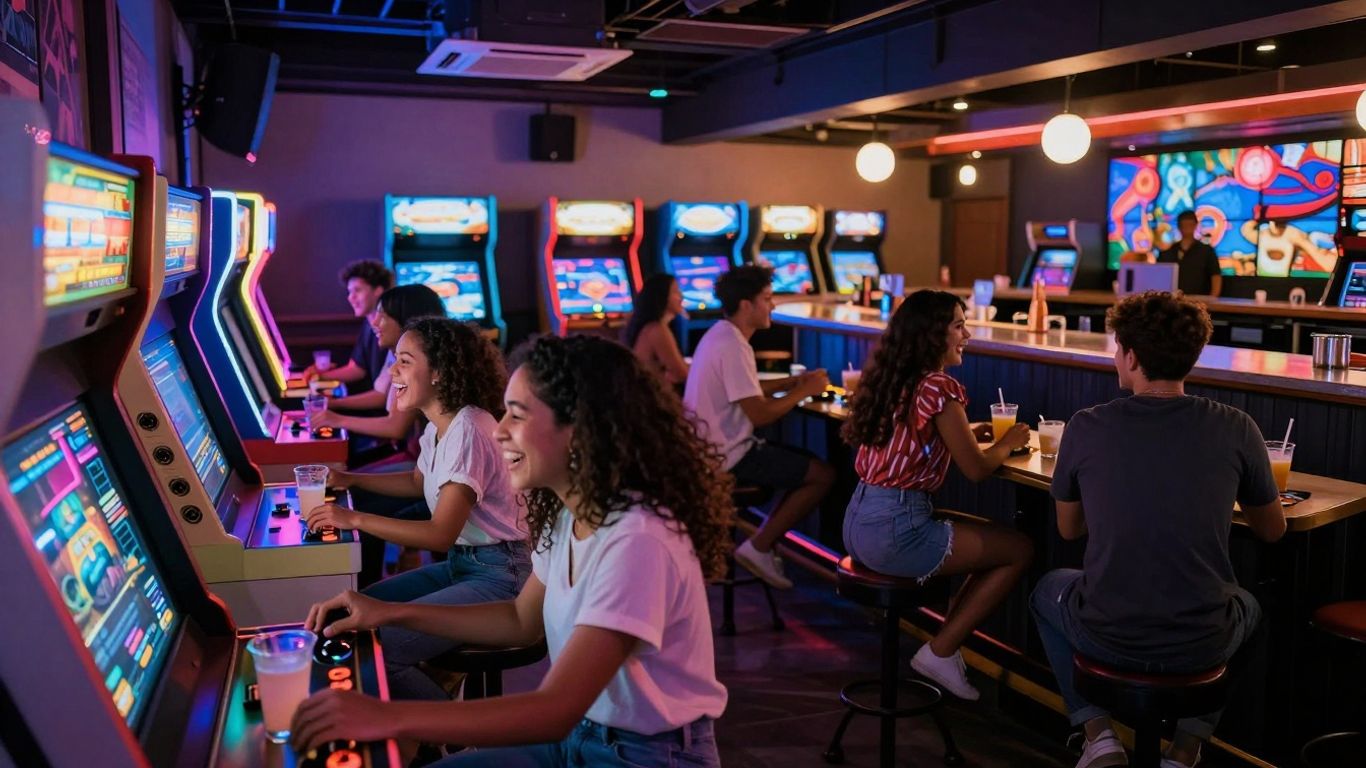 Arcade bar with flashing lights and people playing games.