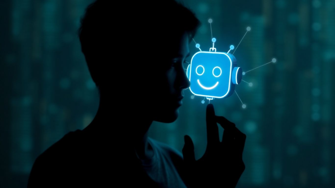AI chatbot interacting with a person, data streams.