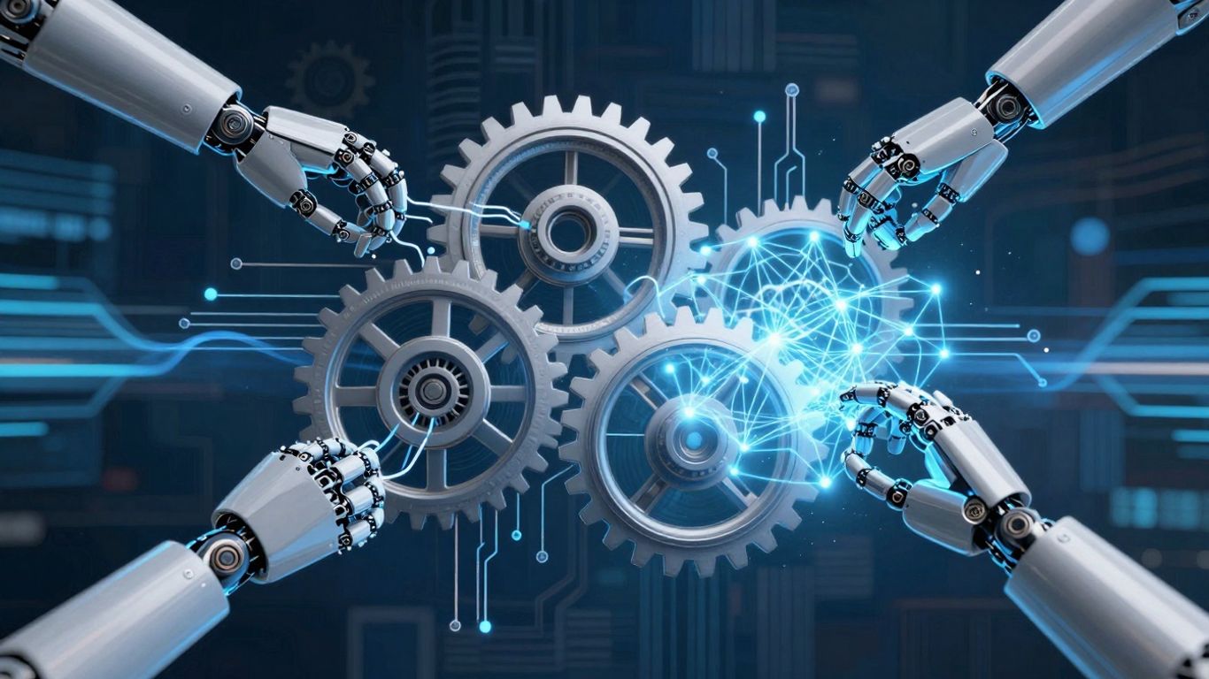 Robotic arms and AI networks merging in an infographic.