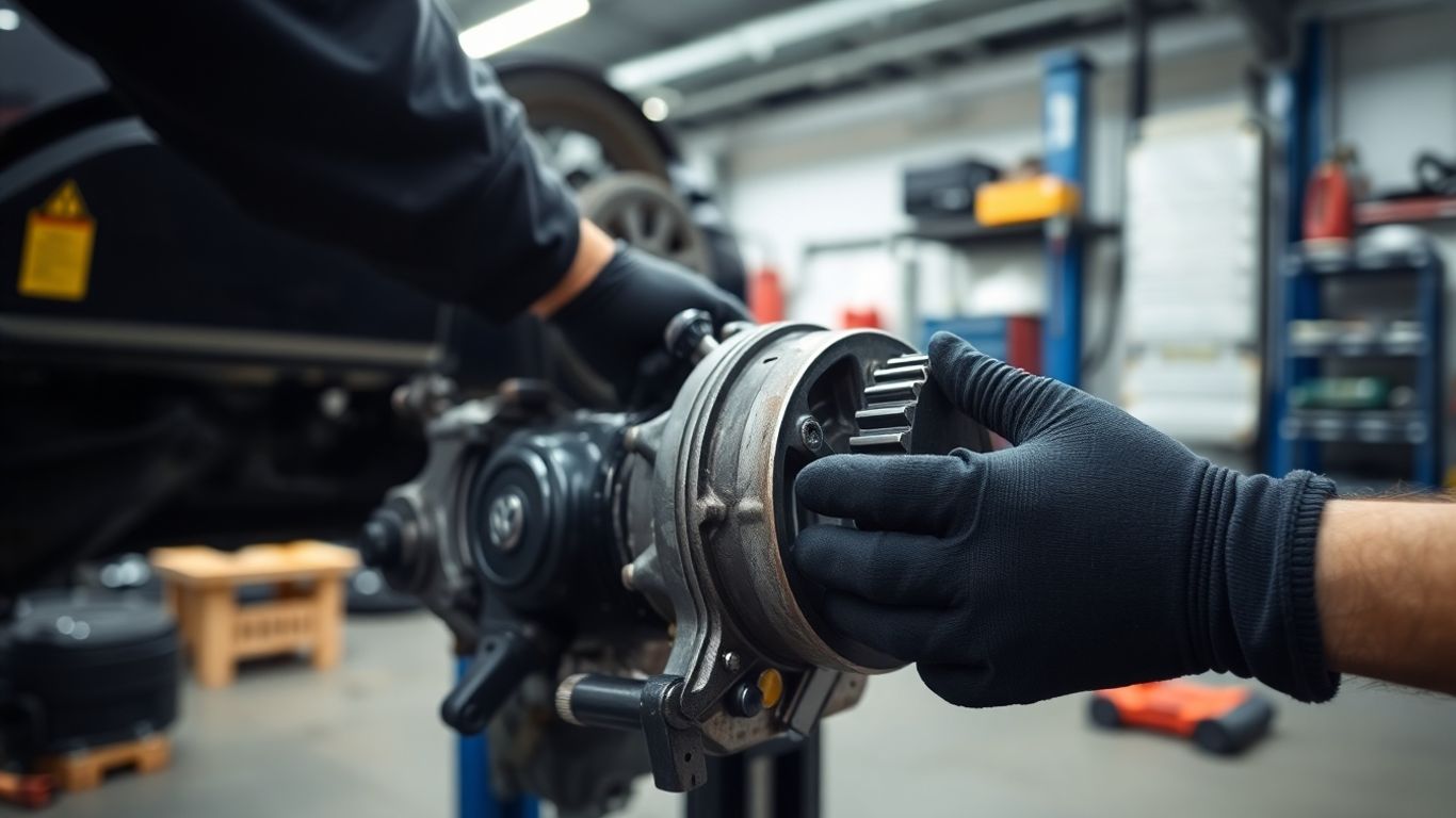 Mechanic inspects used VW Golf gearbox in garage