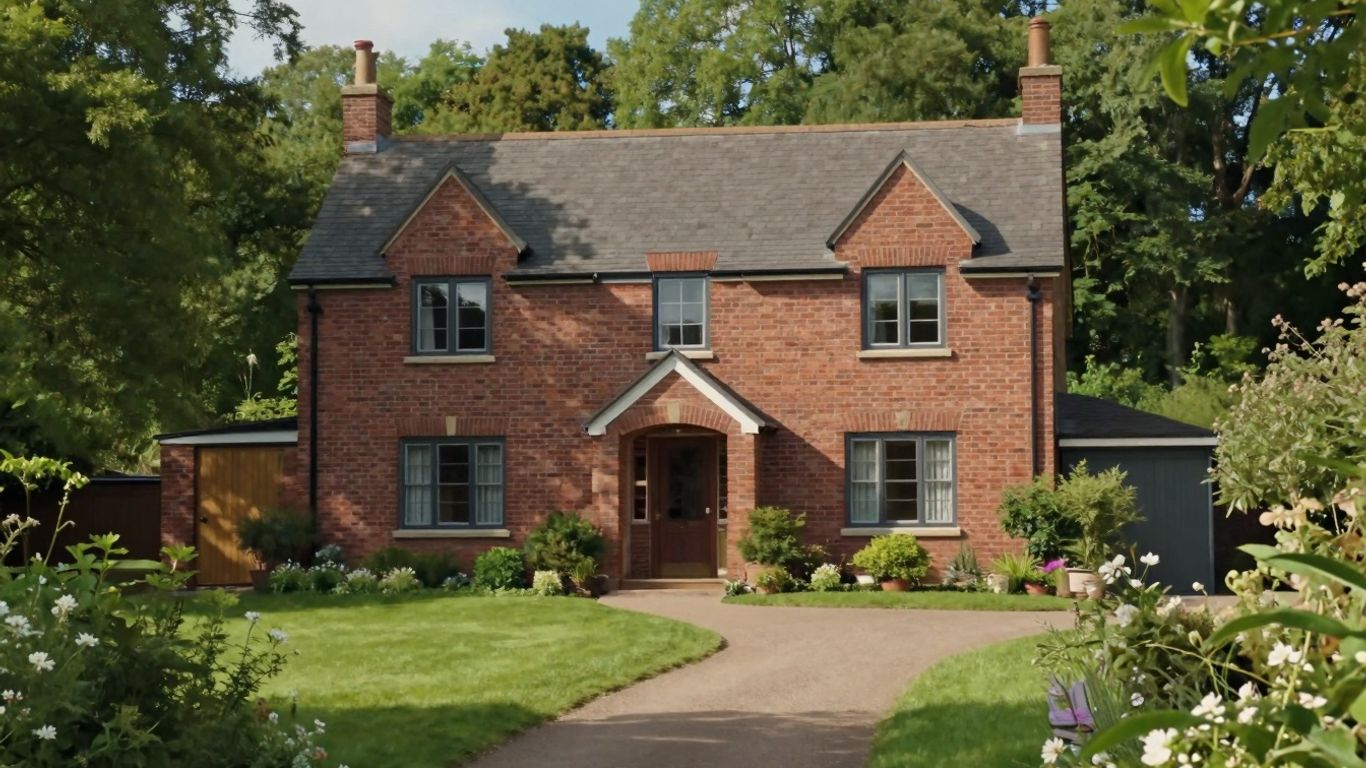 Ceglany dom na wsi otoczony zielenią.