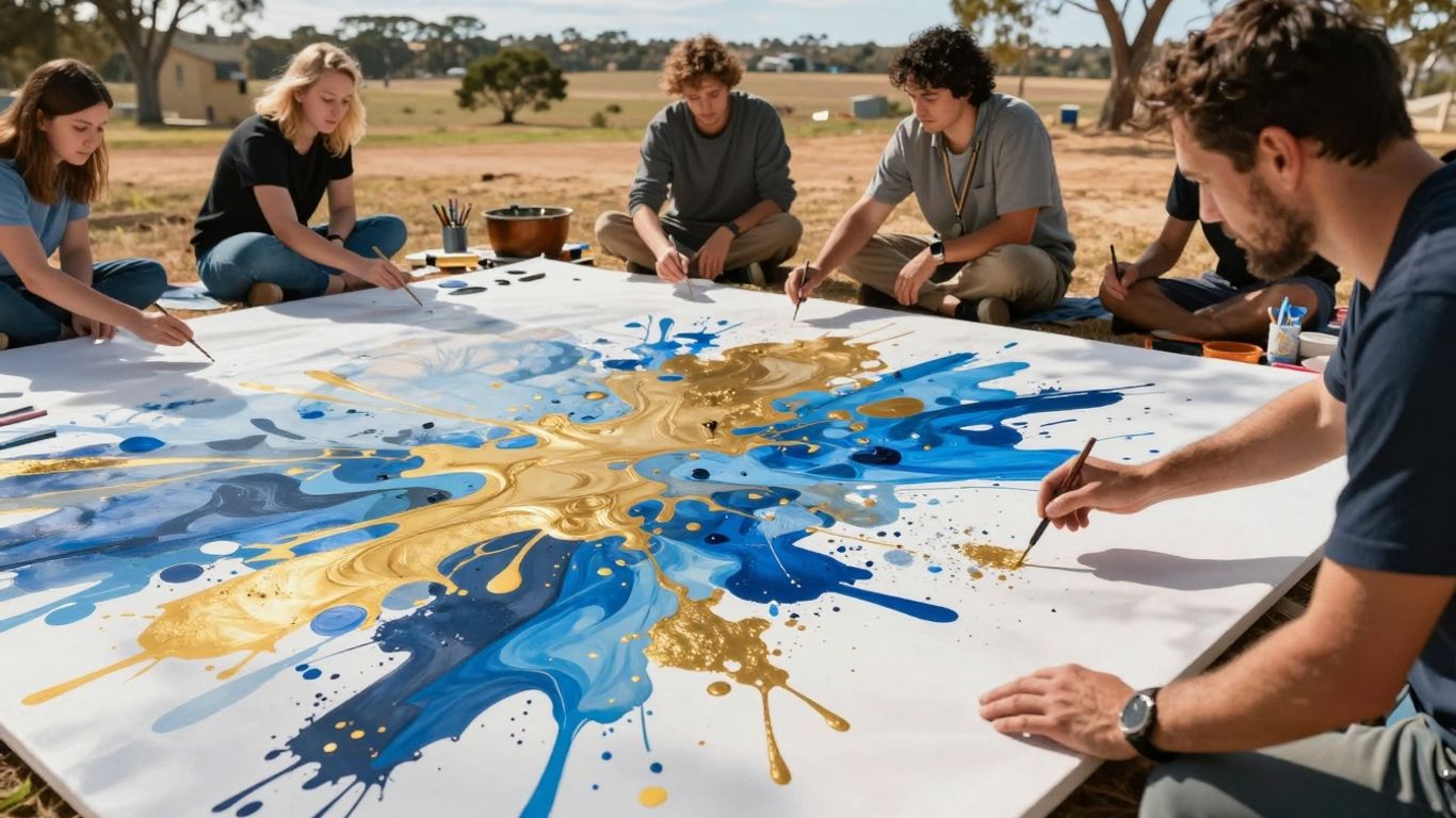 Artists collaborating on a painting in Australia.