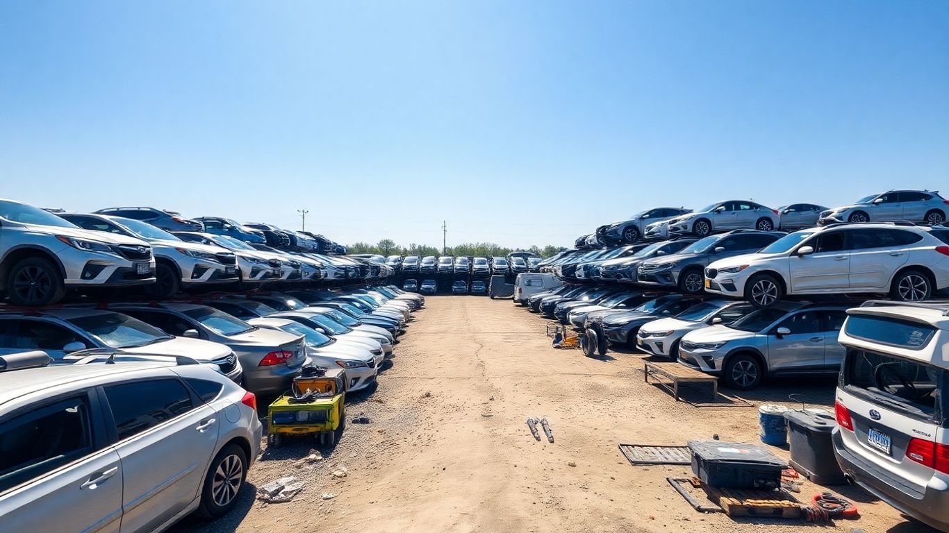 Subaru auto recycling yard with rows of vehicles.