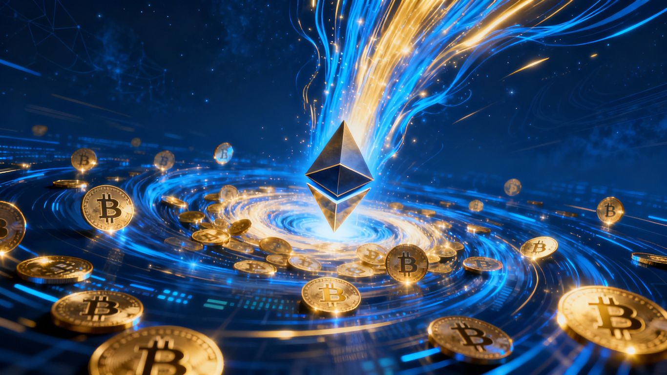 Ethereum logo with surging digital currency and light streams.