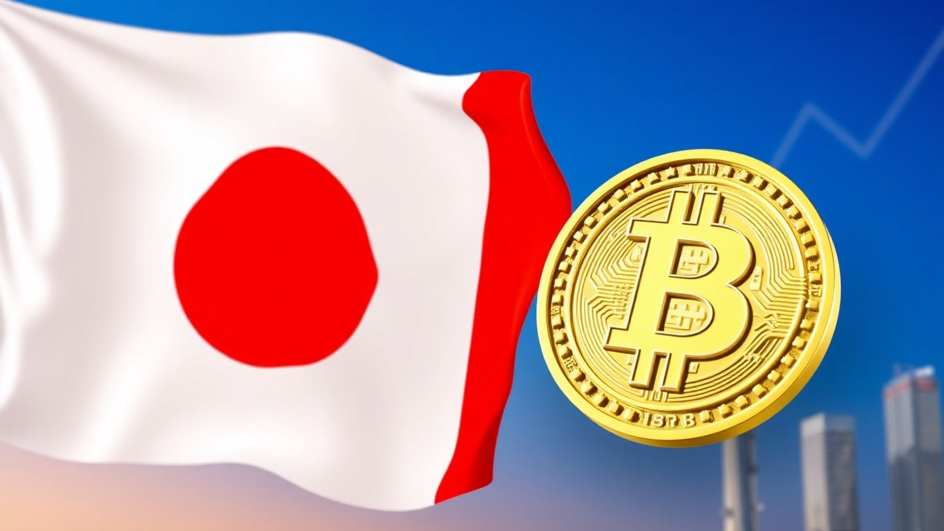 Japanese flag and Bitcoin symbol with financial growth hints.