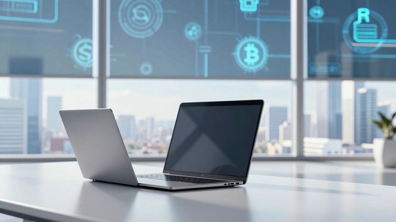 Modern office with crypto symbols and cityscape view.