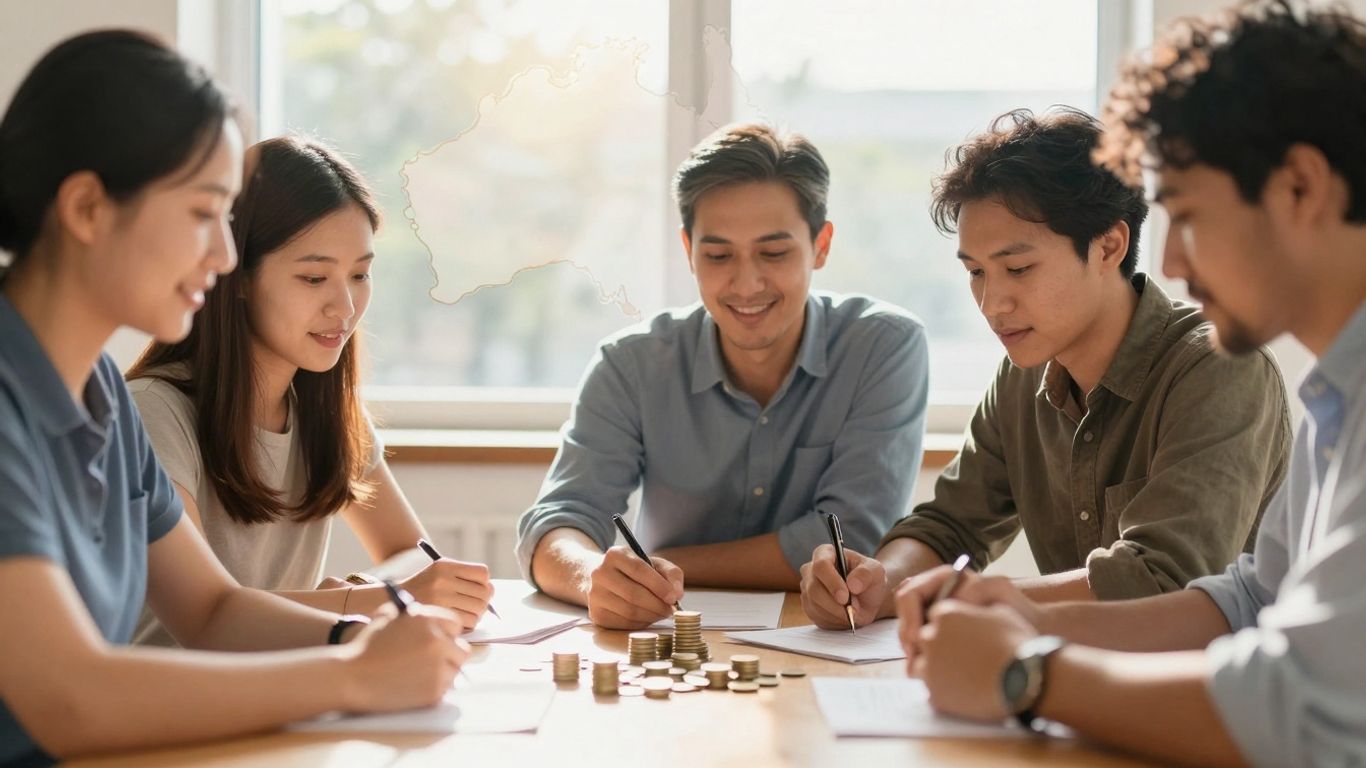 People discussing grants with coins and WA map.