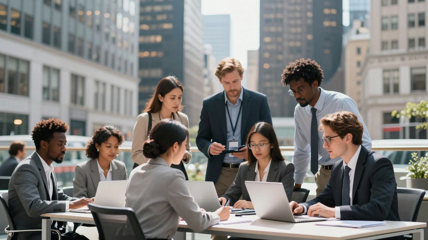 New York City skyline and business professionals collaborating.