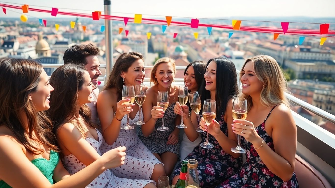 Freunde feiern auf einer Dachterrasse in Wien mit Sekt