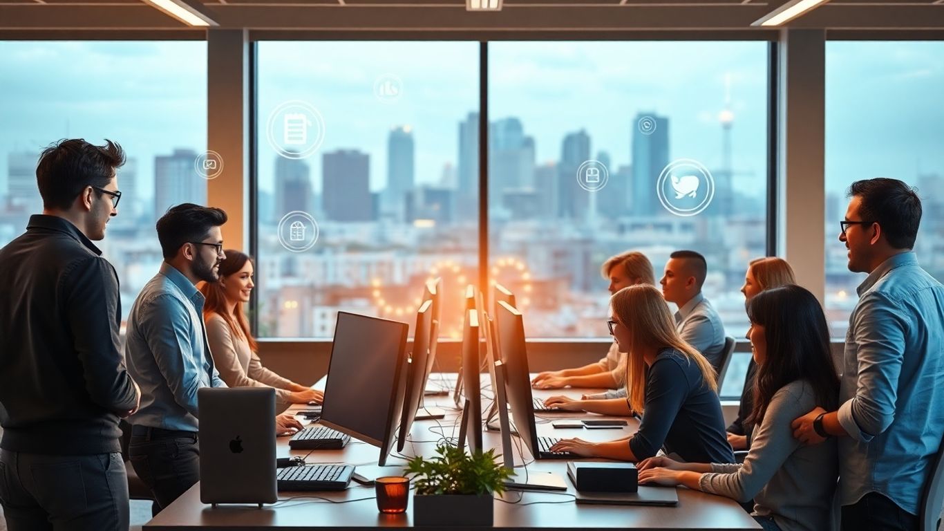 Business professionals and IT technicians in modern office.