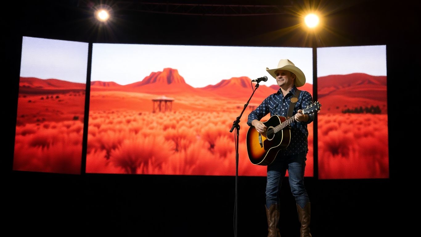 Country singer on stage with spotlight and digital backdrop.