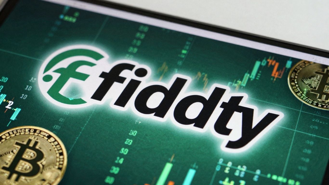 Fidelity logo with digital currency elements.