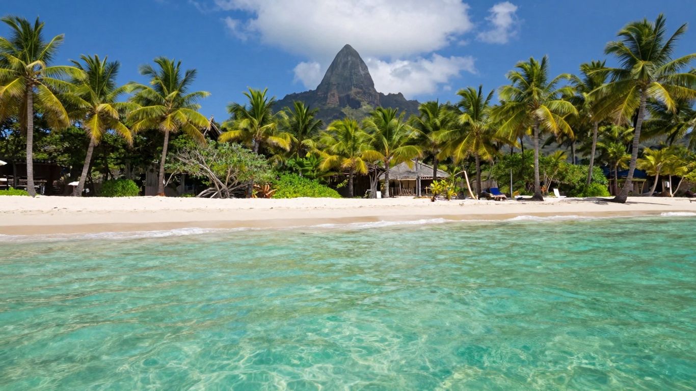 Tropikalna plaża z palmami i górami.