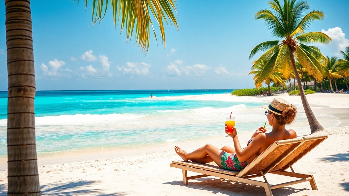Couple enjoying a tropical beach vacation with cocktails.