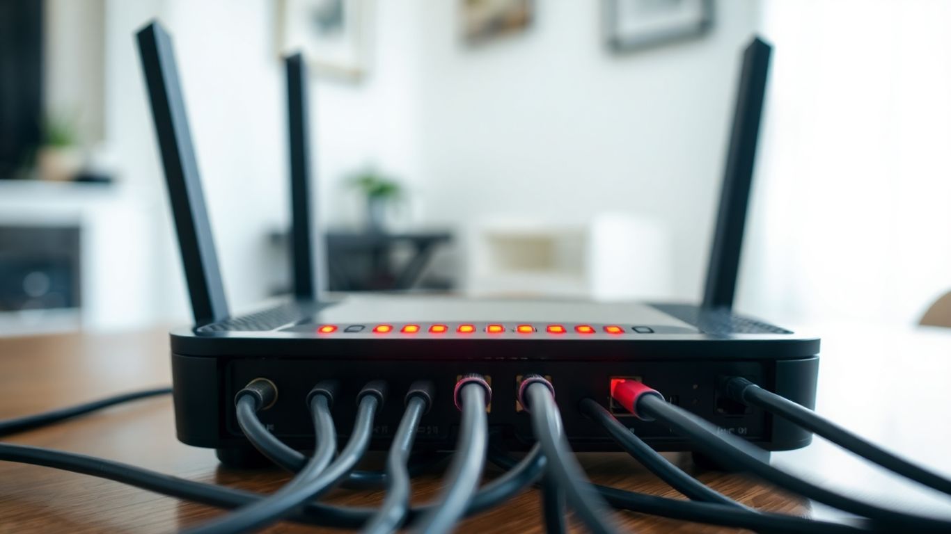 Roteador com luzes vermelhas indicando problema de conexão.
