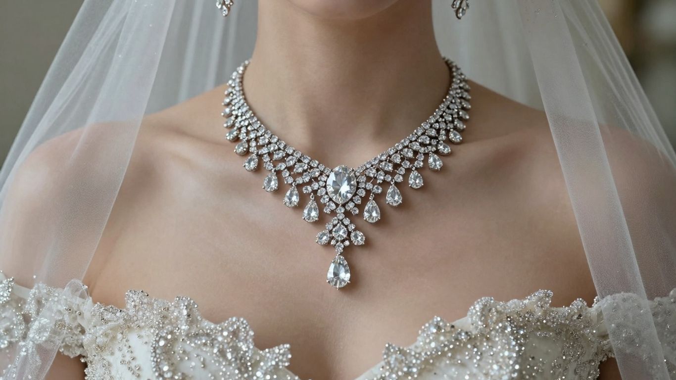 Bride wearing classic diamond bridal jewellery set.