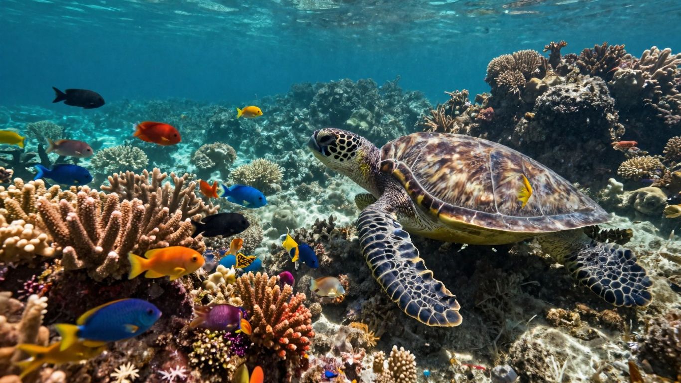Underwater view of Cabo coastline with fish and coral.