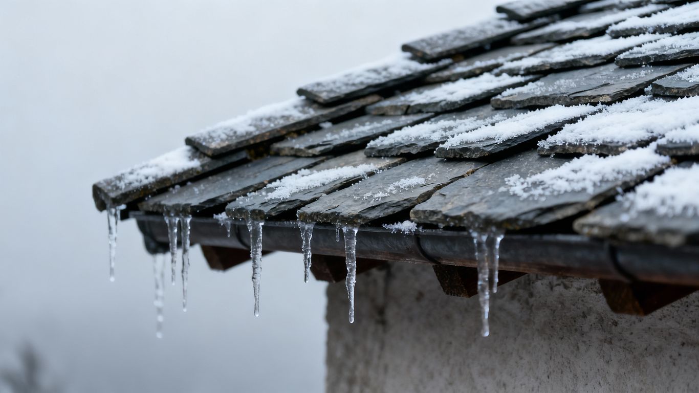 Slate roof with snow and icicles.