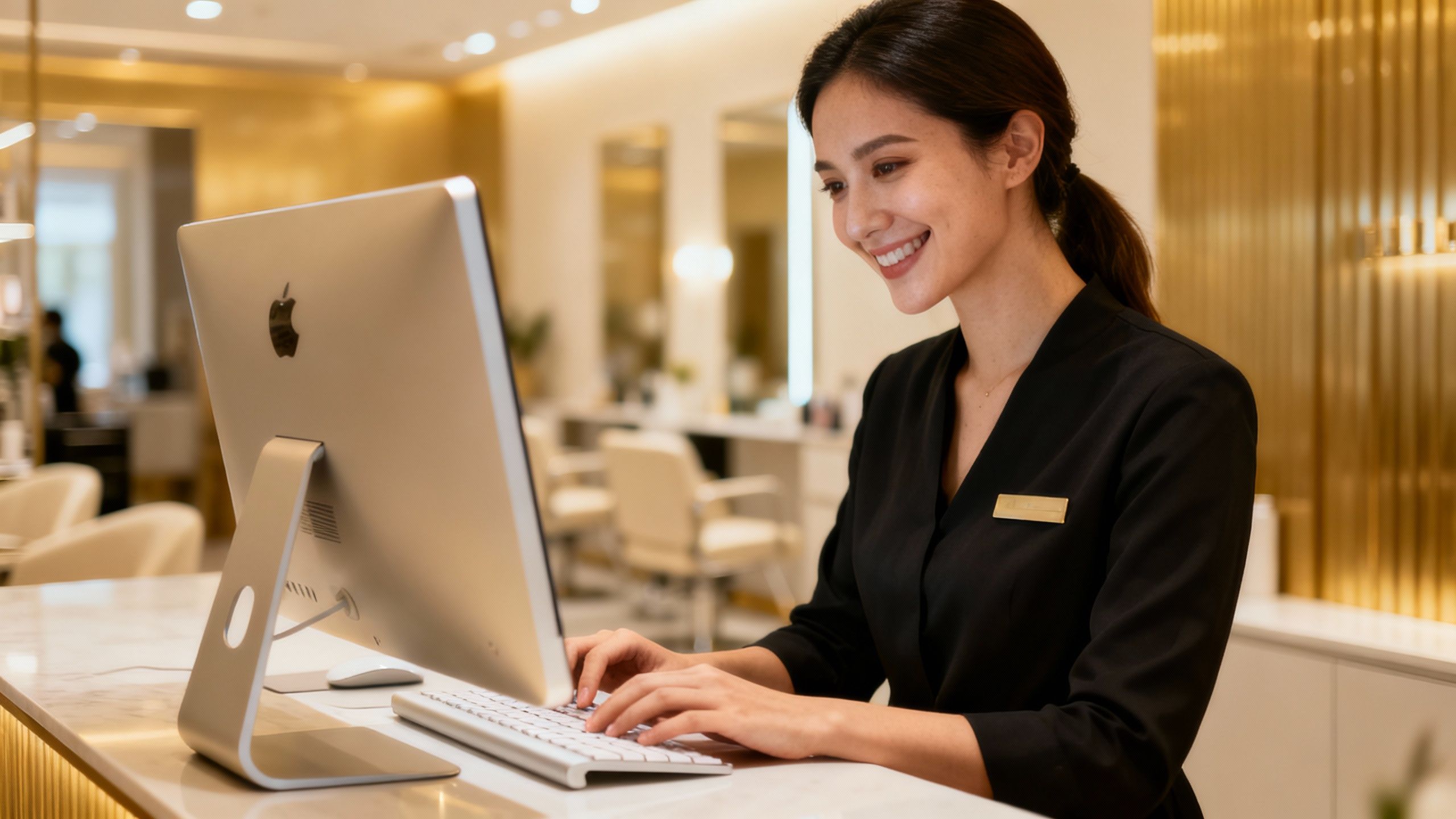 Salon receptionist using a computer for business operations.