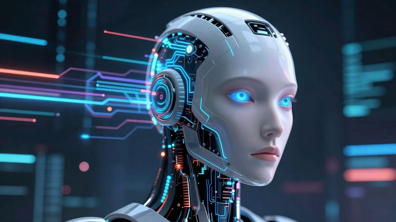 AI agent with glowing circuits and data streams.