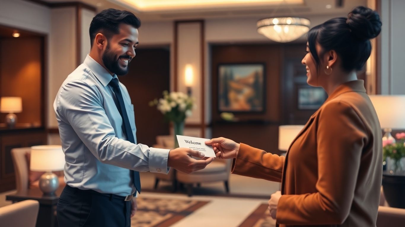 Hotelni uslužbenec daje gostu personalizirano dobrodošlico.